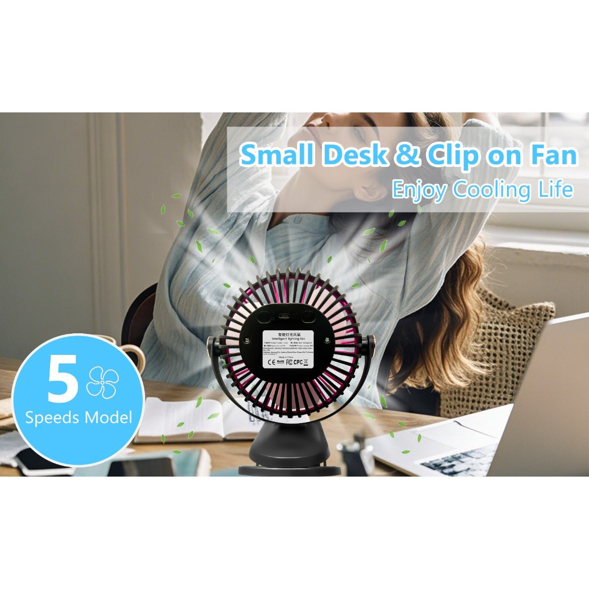 Rechargeable LED Camping Fan with 5-Speed Adjustable Air Circulation and 360° Rotation