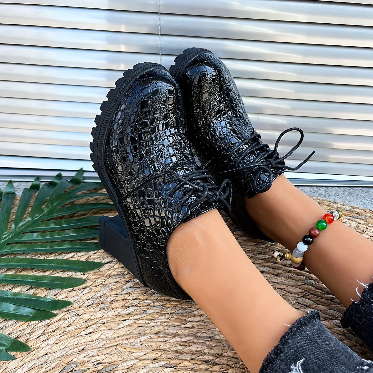 Women's Burgundy Crocodile-Textured PU Oxford Shoes Chunky Heels