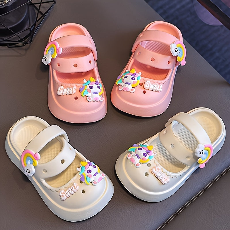 Girls' Cartoon Clogs in Pink and White with Charms for All-Season Indoor Outdoor Use