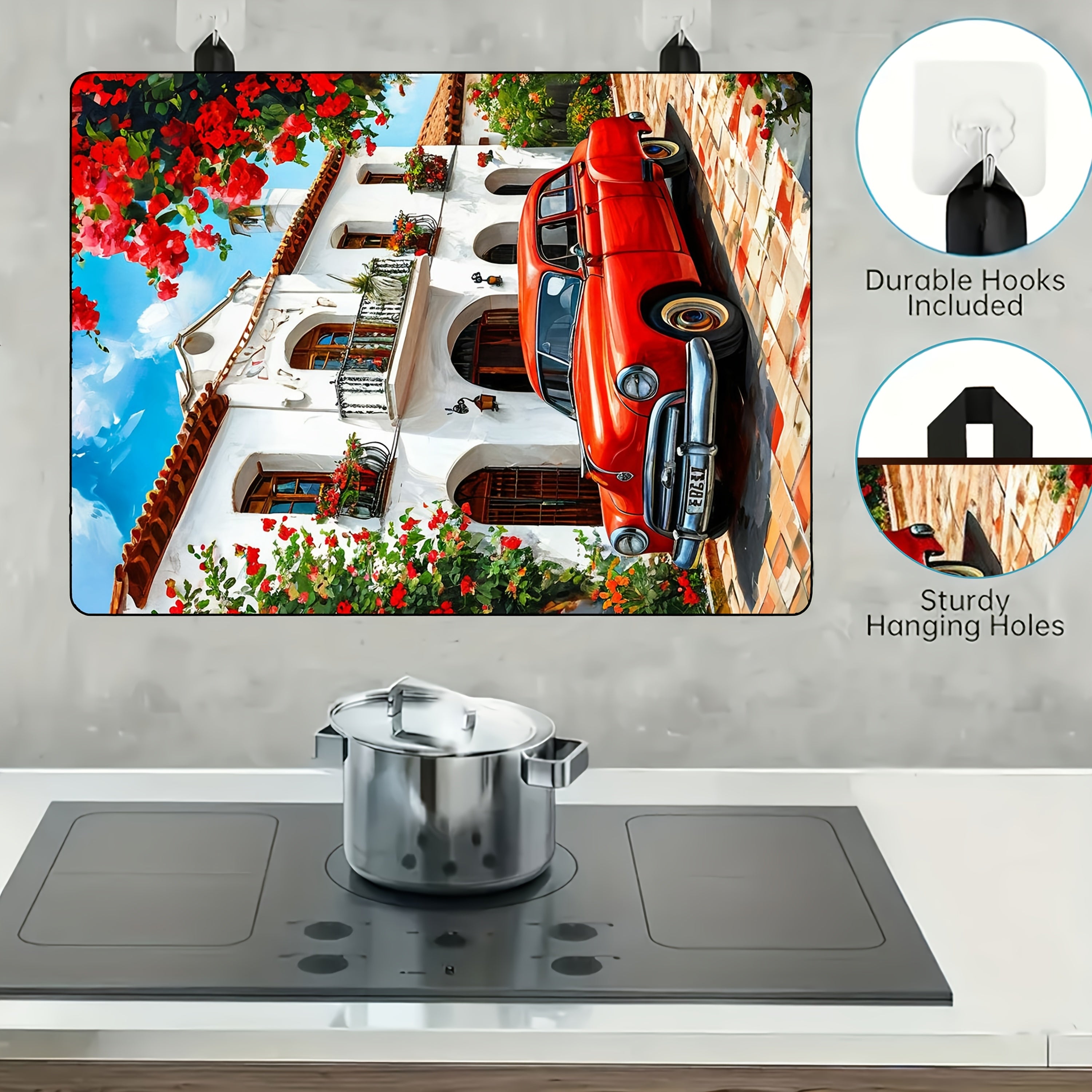 Vintage Red Car and European Scenery Kitchen Mat 72cm x 52cm Heat-Resistant Rubber Protector