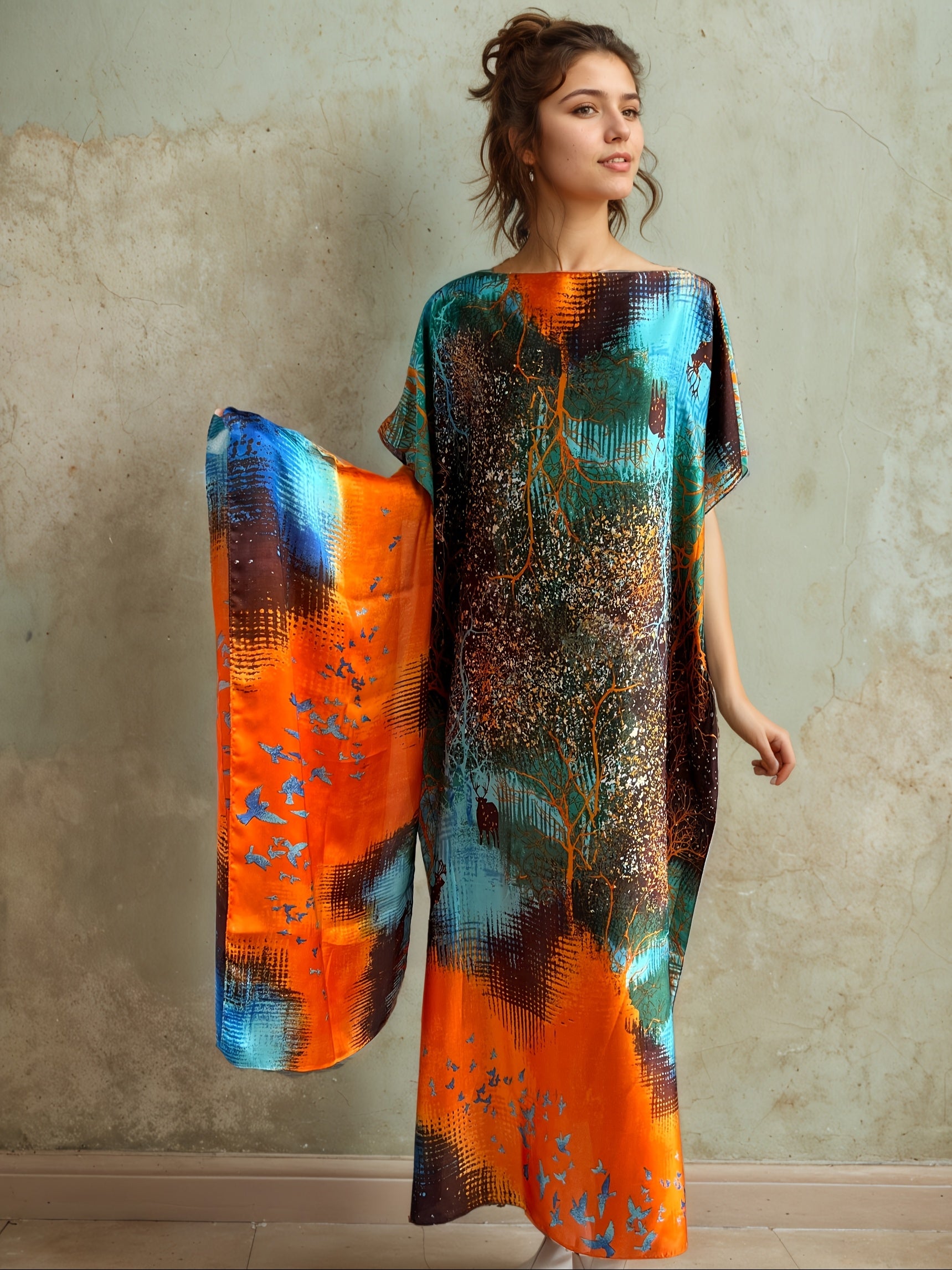 Vestido caftán de talla grande para mujer con estampado floral y bufanda, túnica larga