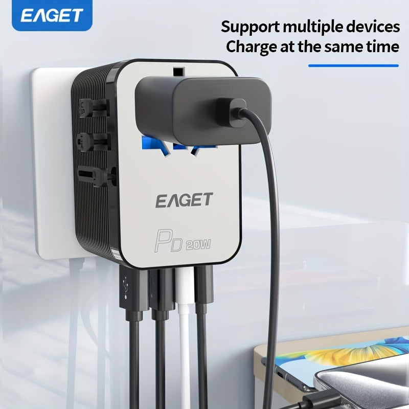 EAGET PD 20W Universal Sayohat Zaryadlovchisi 2 USB-A va 2 USB-C Port bilan, iPhone, Samsung, Vivo, Xiaomi uchun Tez Zaryad, Bir nechta Mamlakatlar uchun Barcha-in-Bir Socket Adapter, Siqilgan va Mustahkam.