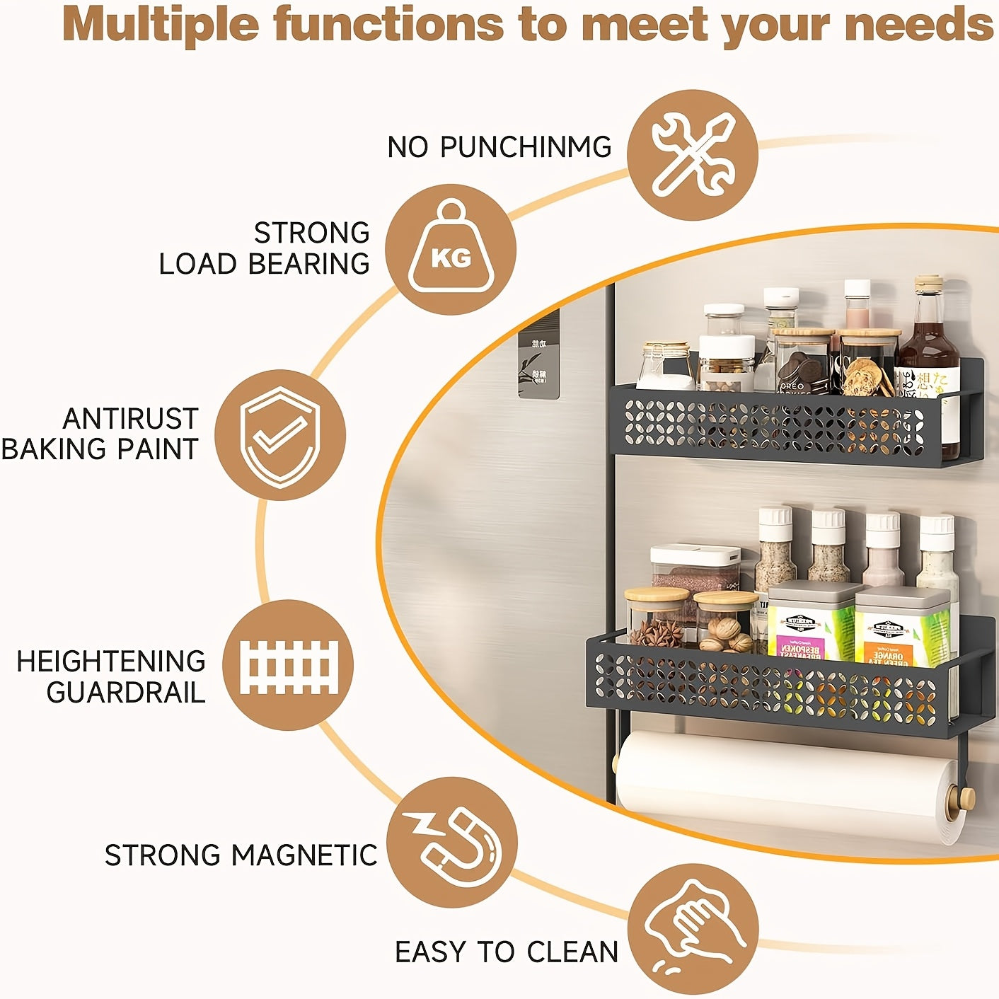 2 ta Magnit Ziravorlar Rack to'plami, Bonus Qog'oz Sochiq Tutgichi bilan - Mustahkam Karbon Po'latdan Yasalgan, Joyni Tejash uchun Qulay Oshxona Tashkiliy