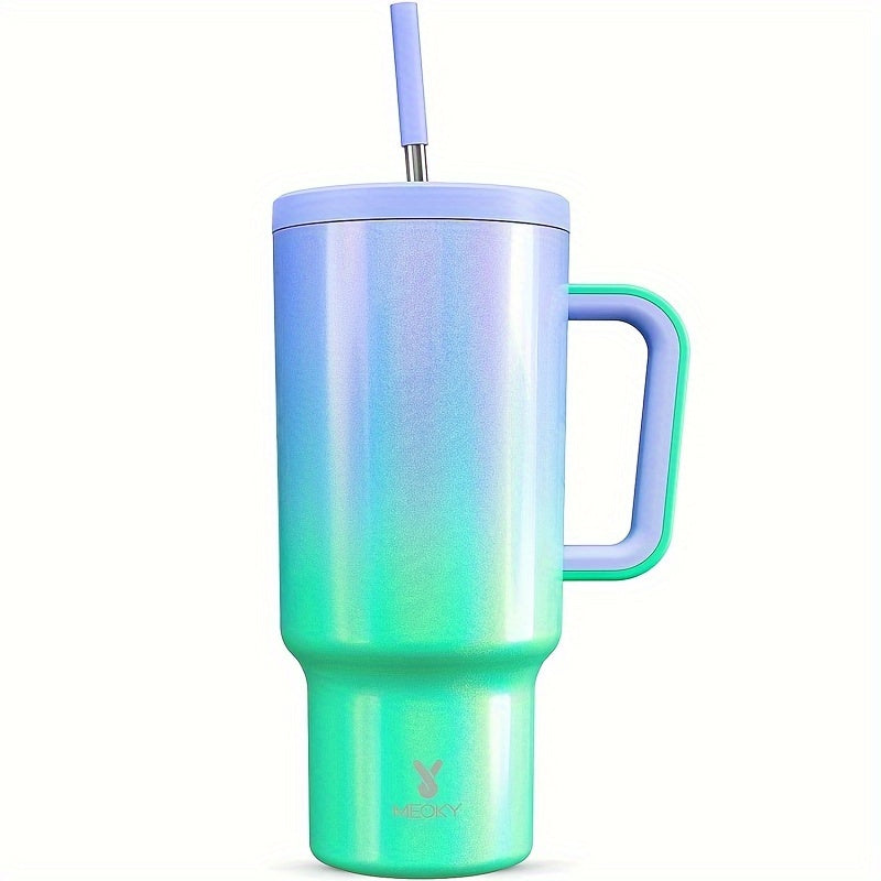 Vaso aislado de acero inoxidable de 40 oz con tapa, pajilla, asa y a prueba de fugas