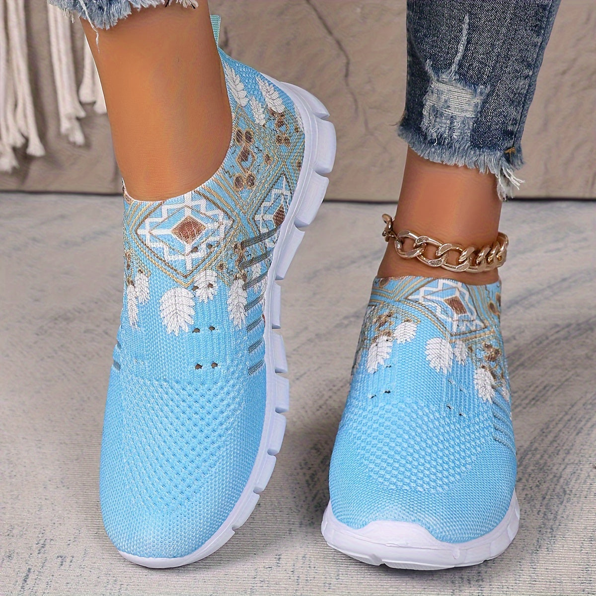 Women's Blue Knit Fabric Slip-On Sneakers with White Floral Patterns and EVA Sole