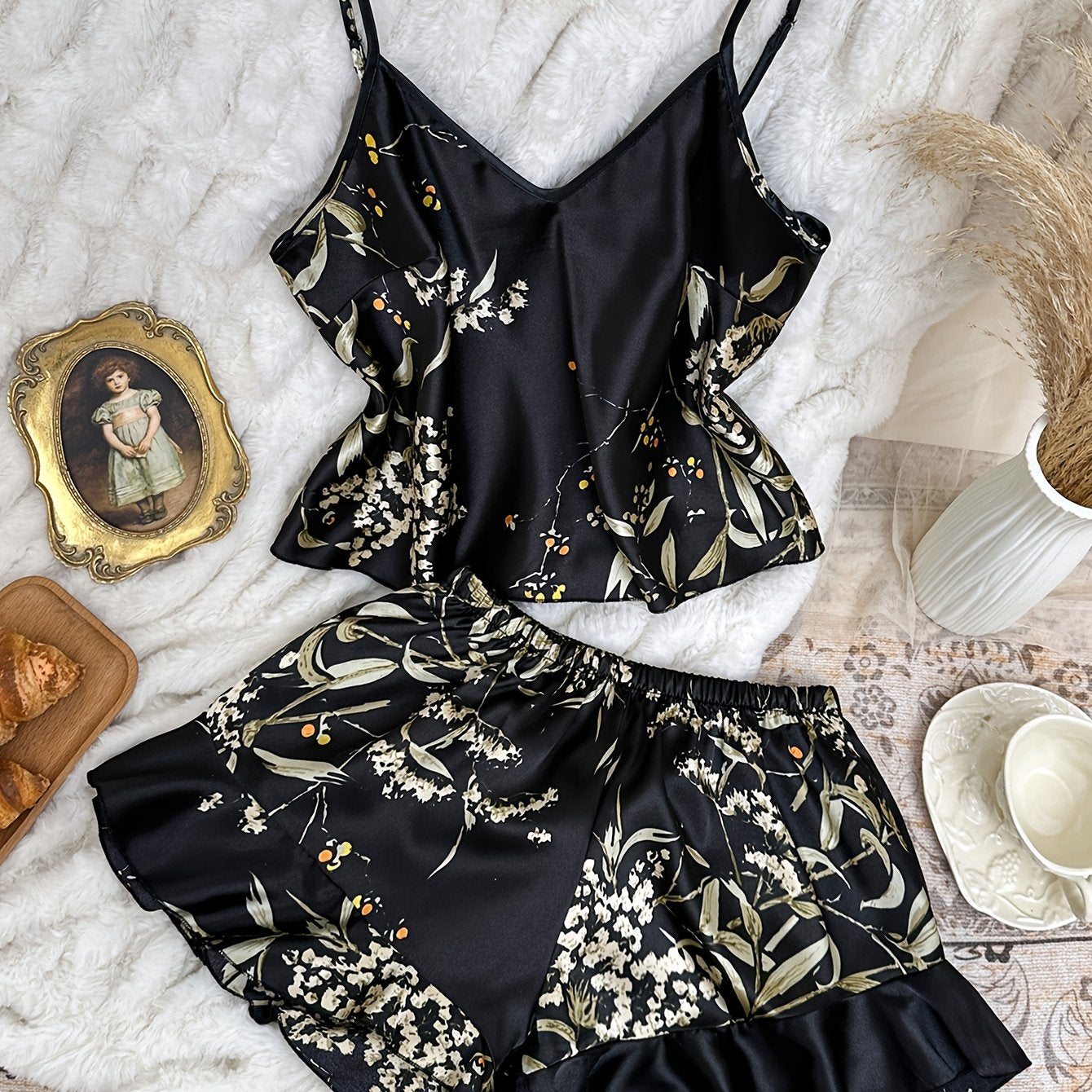 Women's Cherry Print Pajama Set with Ruffle Shorts 100% Polyester All-Season