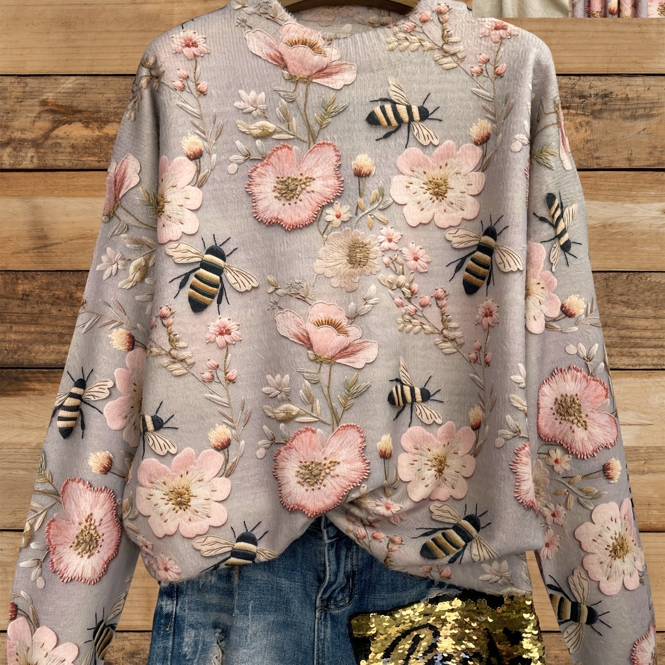 Plus Size Floral Bee Pattern Thick Crew Neck Sweater for Women