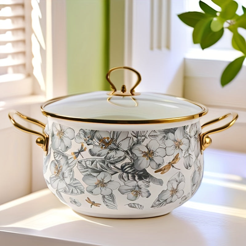 Enamel Soup Pot with Golden Trim, Dragonfly and Floral Design, 3 Quart