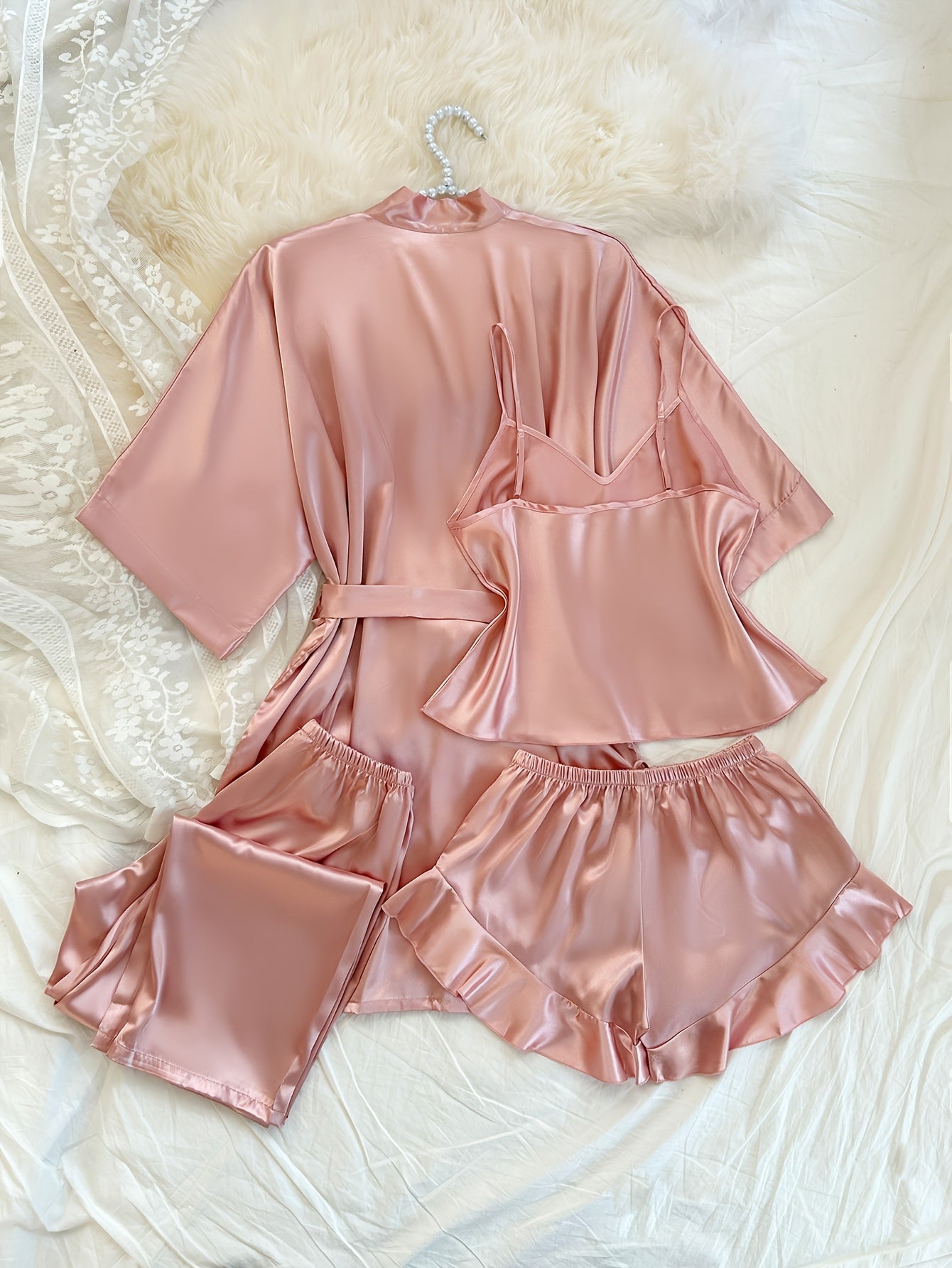 Women's V-Neck Sleepwear Set with Shorts and Pants Solid Polyester All-Season