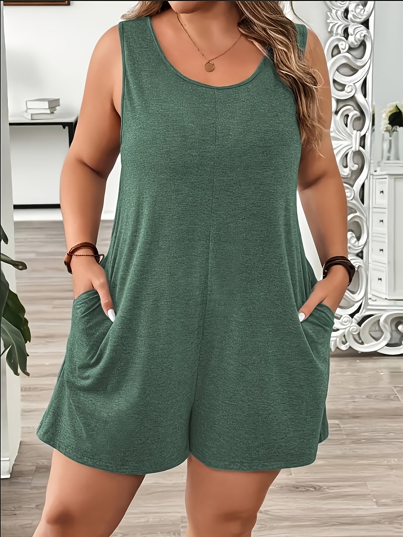 Plus Size Women's Romper Set with Pockets Loose Fit Breathable Spring Summer