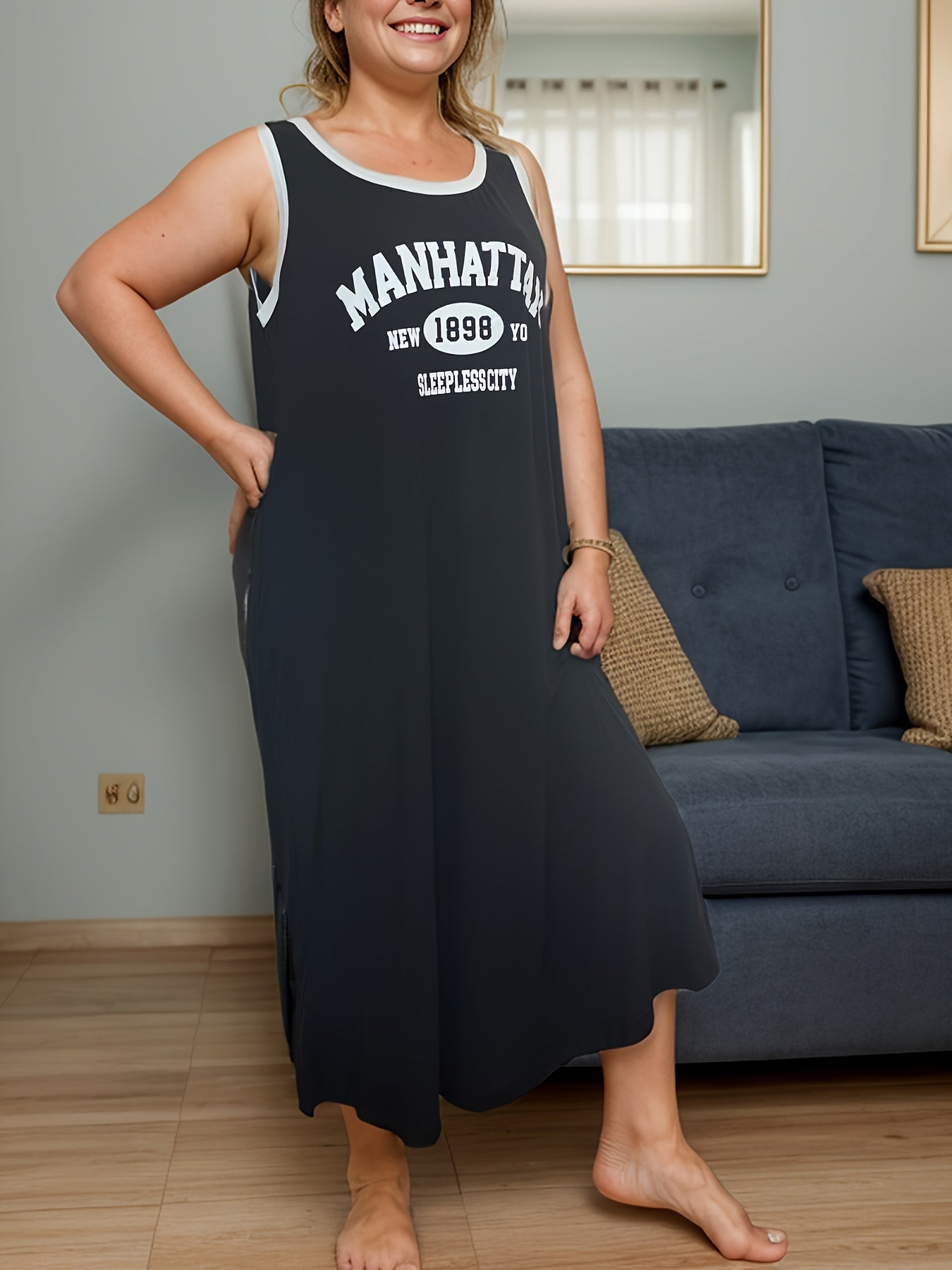 Plus Size Women's Casual Sleeveless Tank Dress with White Letter Print