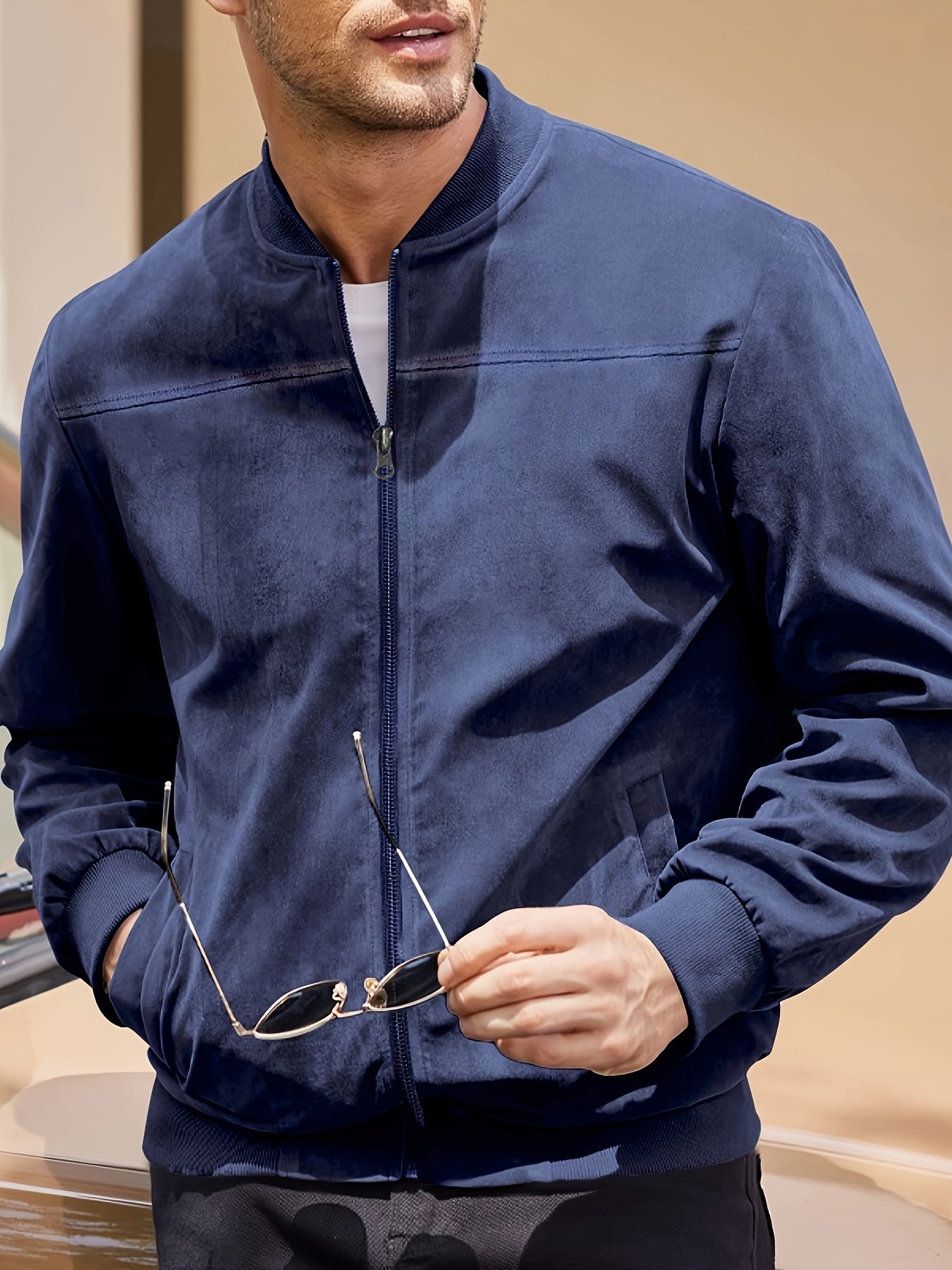 Men's Navy Blue Lightweight Polyester Jacket with Stand Collar and Full-Zip for Spring and Autumn