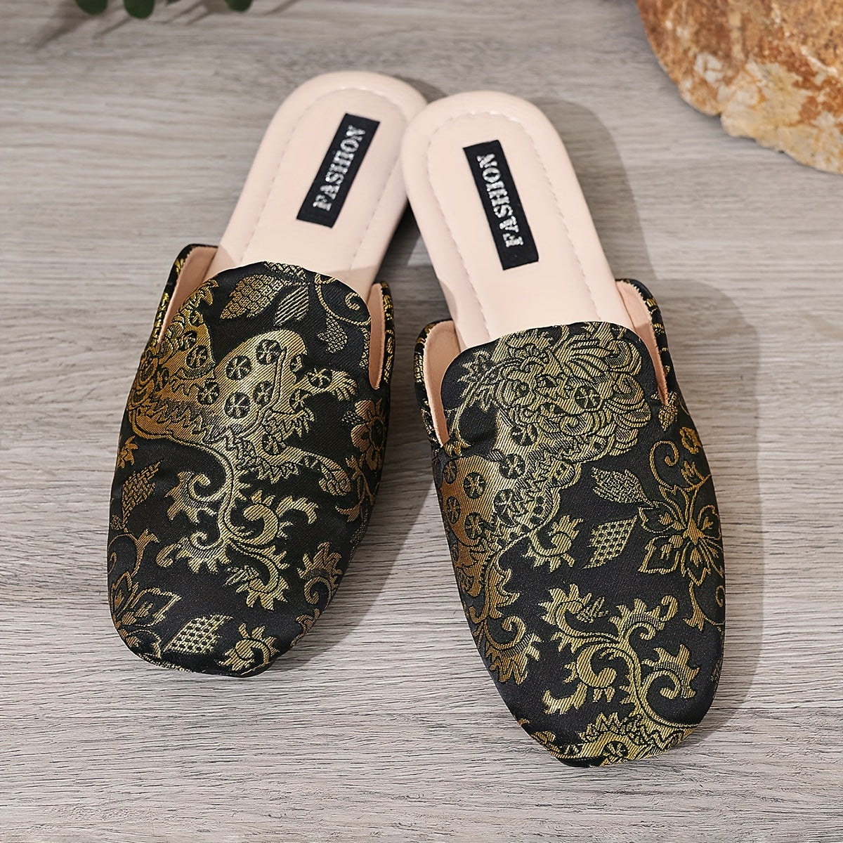 Women’s Black Embroidered Flat Shoes with Golden Floral Pattern Summer Slip-Ons