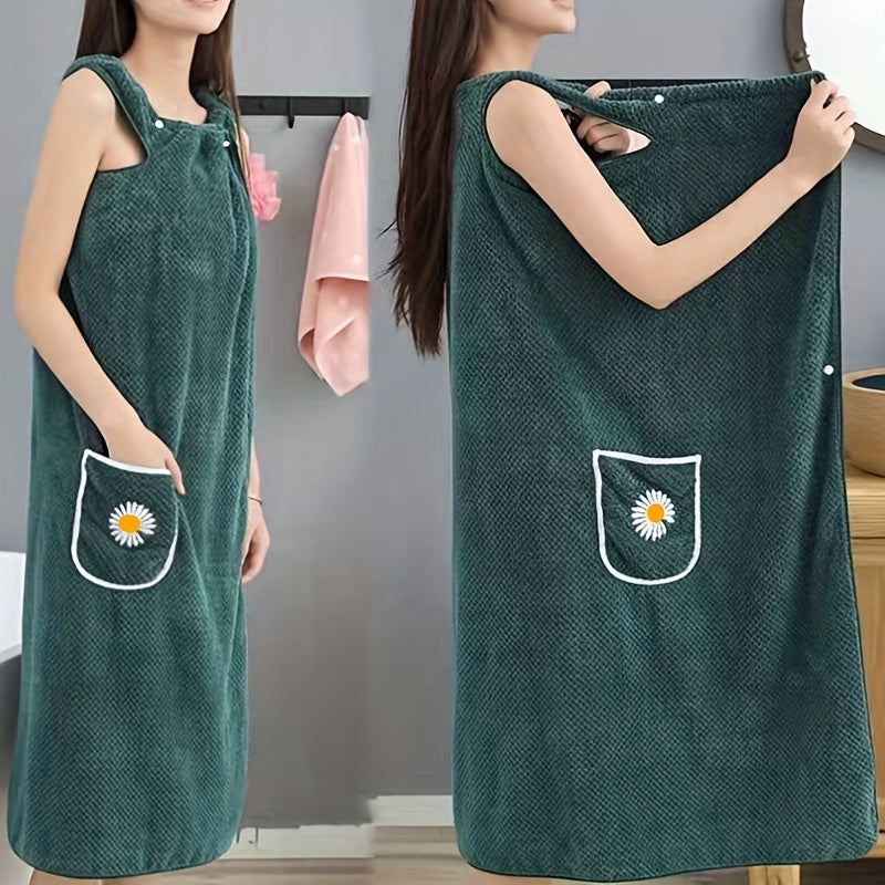 Adults' Quick-Dry Absorbent Bath Towel with Pockets and Buttons for Spa Sauna