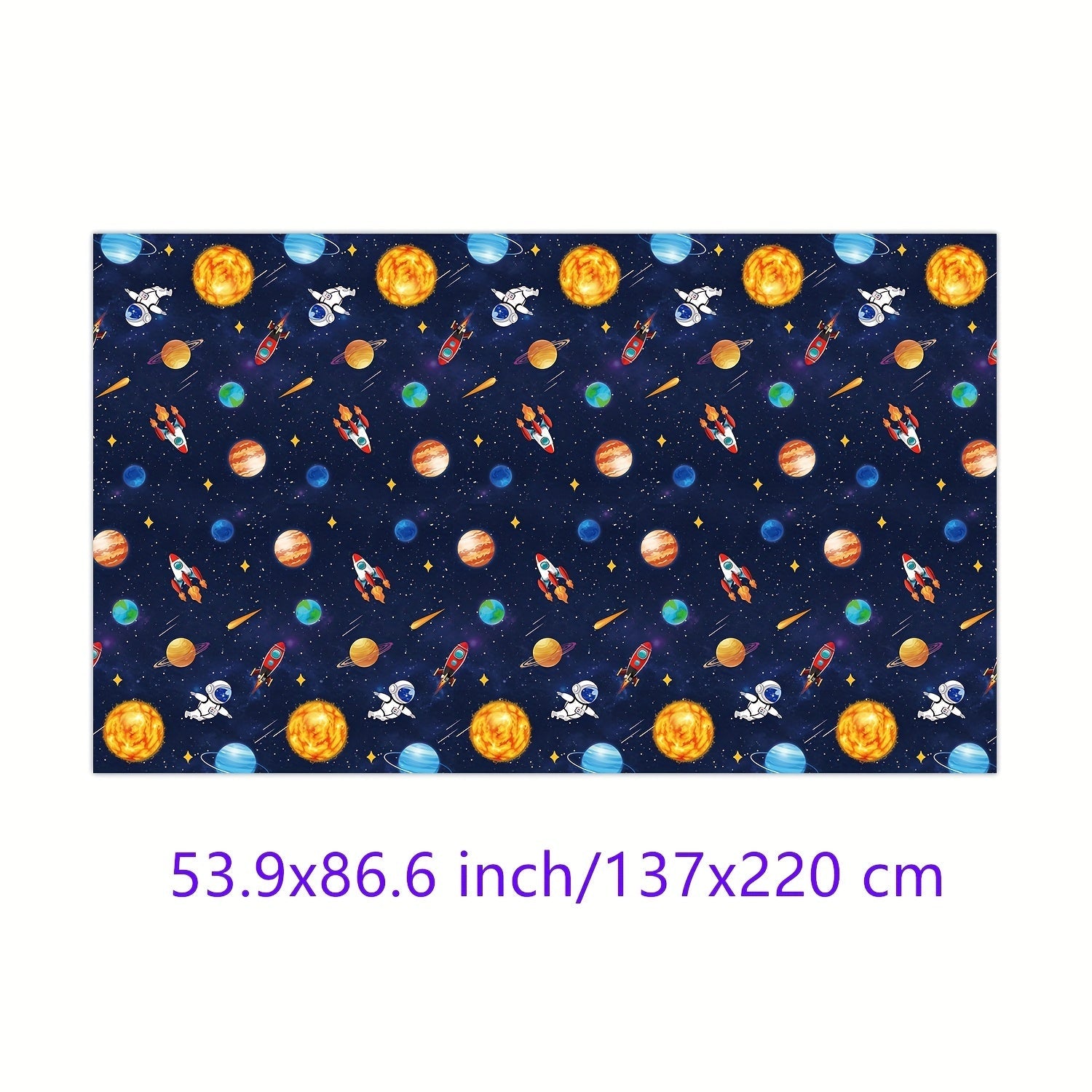 Kosmonavt va sayyoralar dizayni bilan bir marta ishlatiladigan stol qopqog'i, kosmik mavzuli partiyalar uchun ideal. To'rtburchaklar shakli bilan plastmassadan tayyorlangan.