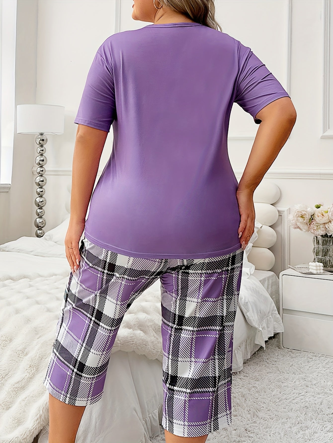 Women's Plus Size Pajama Set with Bear and Plaid Pattern Soft Polyester