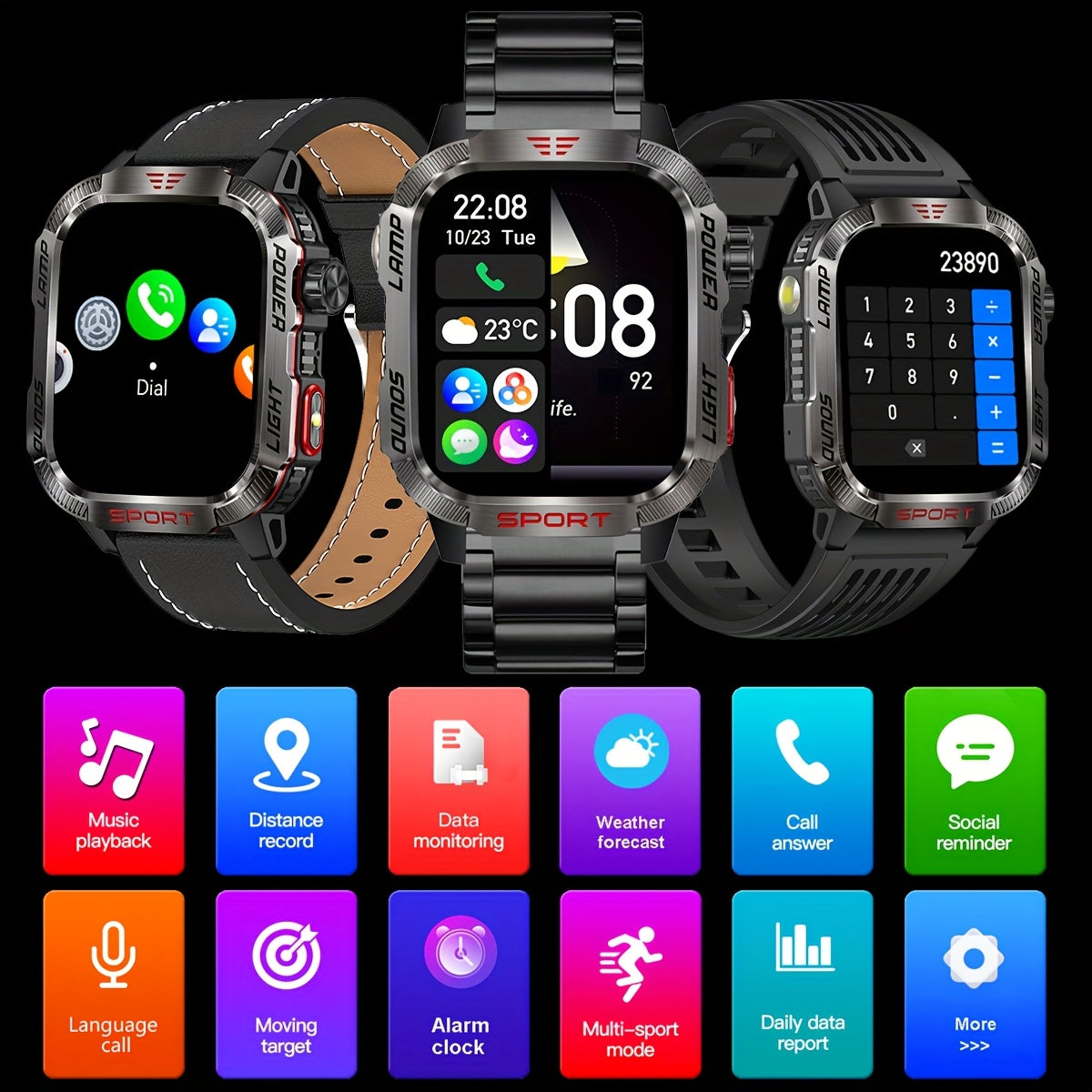 Outdoor Waterproof Smartwatch with Wireless Call Fitness Tracking and LED Flashlight