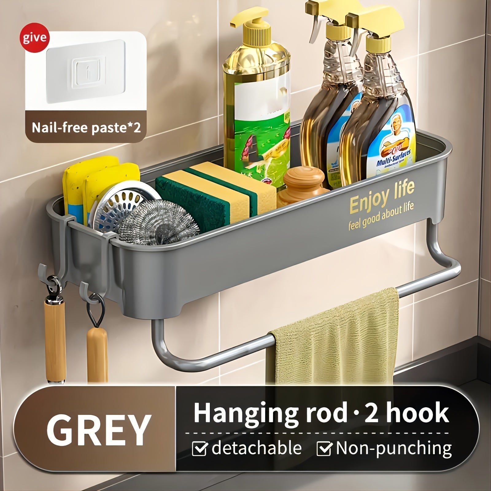 Kitchen Sink Organizer Plastic Caddy for Dish Cloths and Sponges Adhesive No-Drill Holder