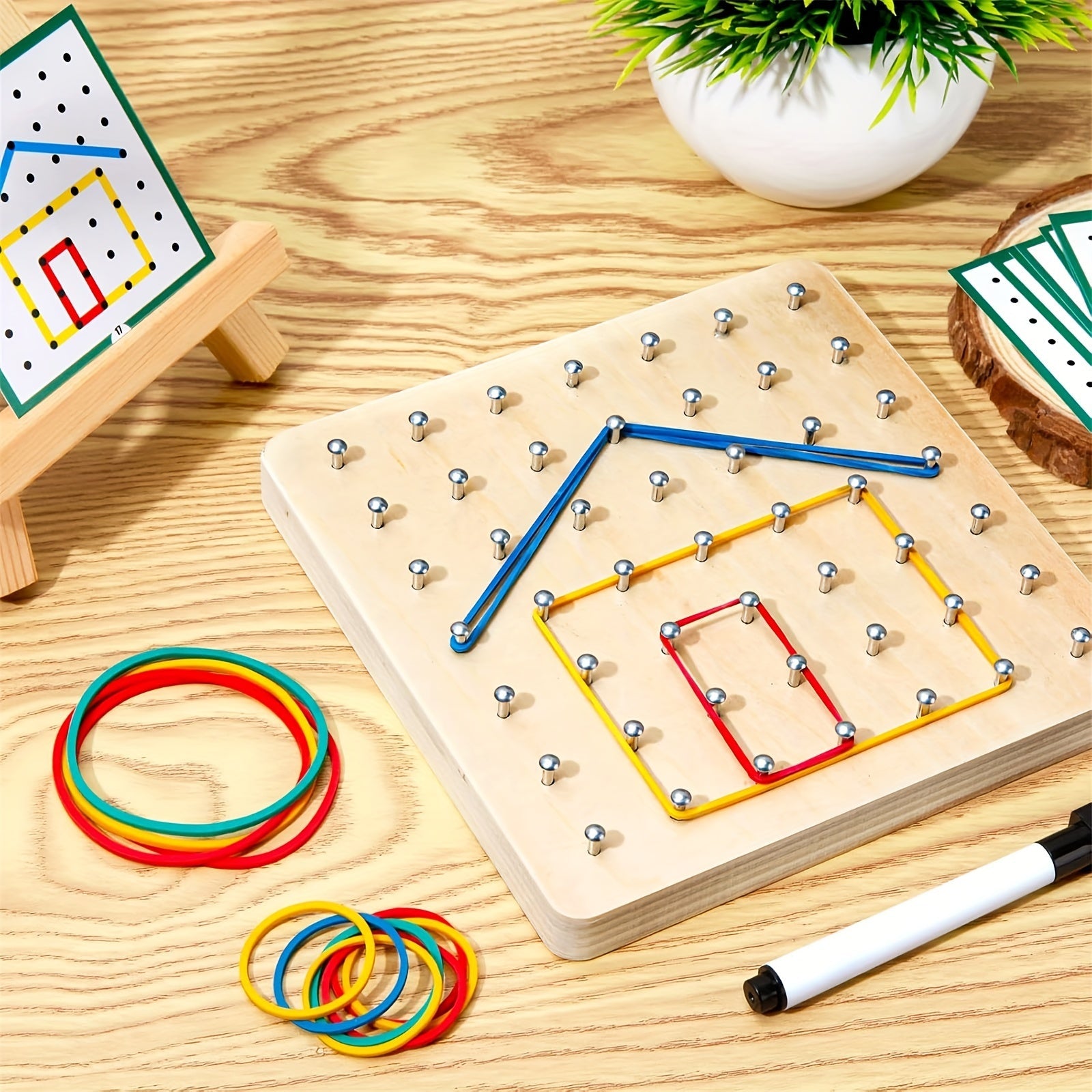 Educational Wooden Geometric Board Set for Kids Ages 3-6 with Pattern Cards and Rubber Bands