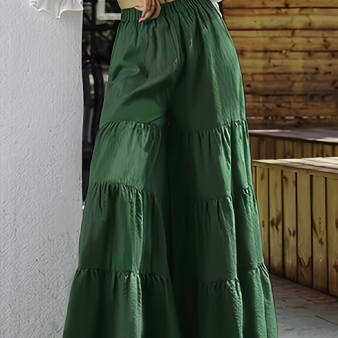 Women's Plus Size Green High-Waisted Wide Leg Pants Ruffle Tiered Casual