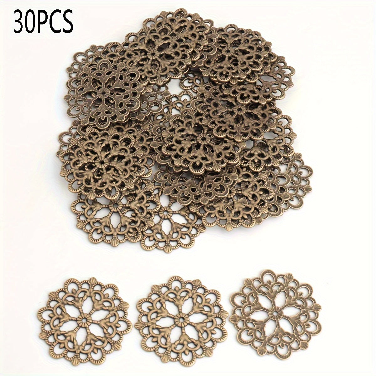 Set of 30 Antique Silver and Gold Hollow Lace Flower Round Pendants 30mm for Jewelry Making and Decorations