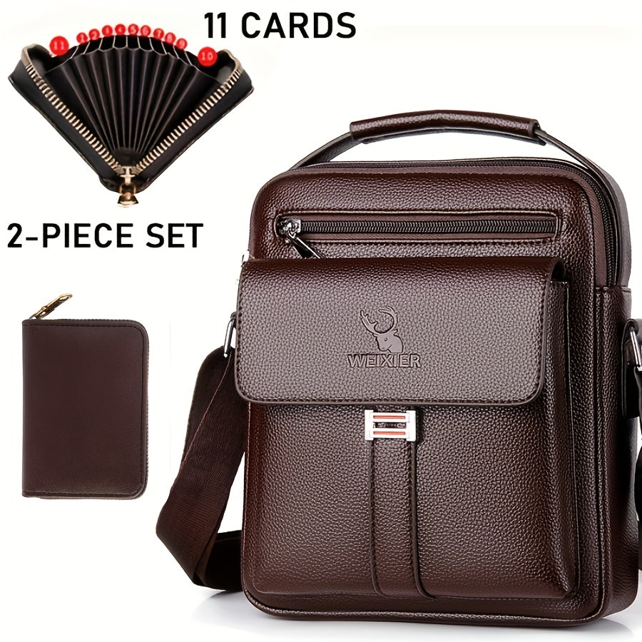 Men's Casual Vintage Shoulder Bag with Multi-Card Wallet Lightweight Business Style Polyester Adjustable Zipper Closure