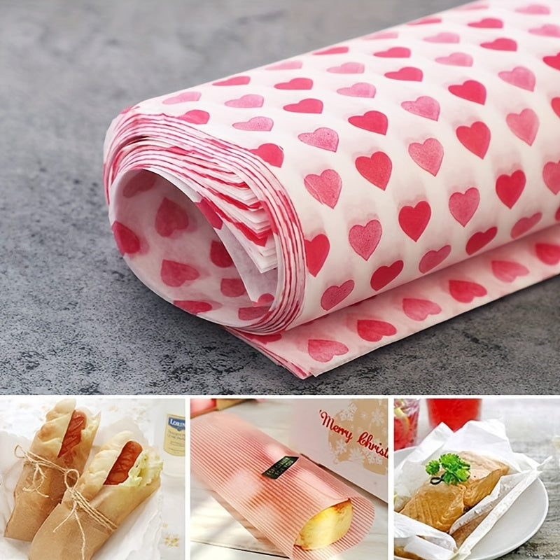 50 Pack Wax Paper Sheets Heart Pattern Greaseproof Waterproof Food Wrap