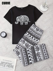 Plus Size Women's Pajama Set Polyester Knit Elephant Print Comfortable Loungewear