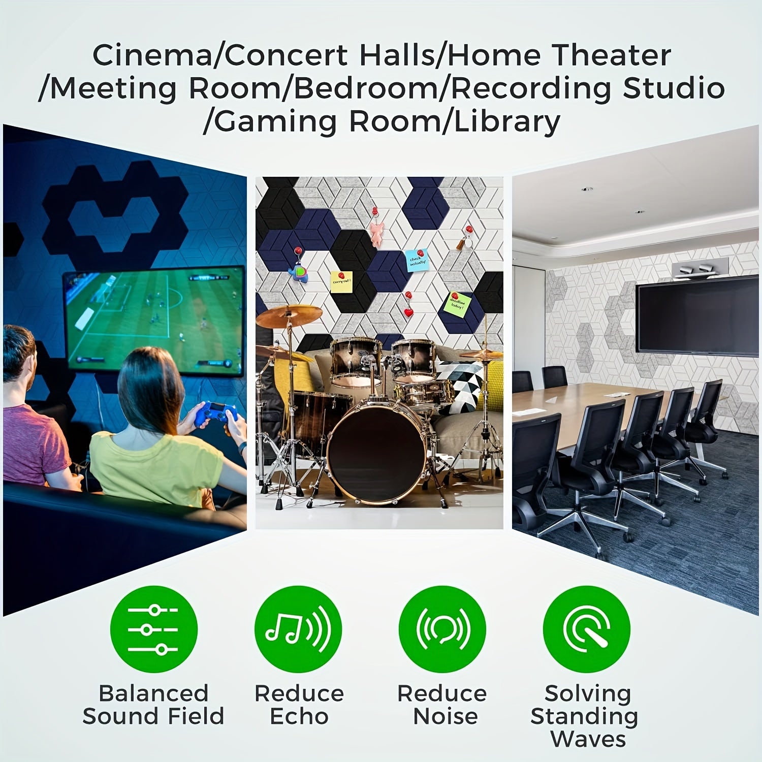 12pcs Hexagonal Acoustic Panels Soundproof Wall Treatment Self-Adhesive for Home Studio Office