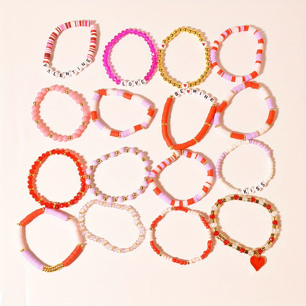 Polymer loydan tayyorlangan Sevgi kuni bilaguzuklar to'plami, 16 dona sexy uslubda, sevgi va do'stlikni ifodalash uchun mukammal. Ushbu marjonli zargarlik ayollar uchun har kuni yoki maxsus bayram tadbirlari uchun ideal. Bu ' uchun mukammal sovg'a