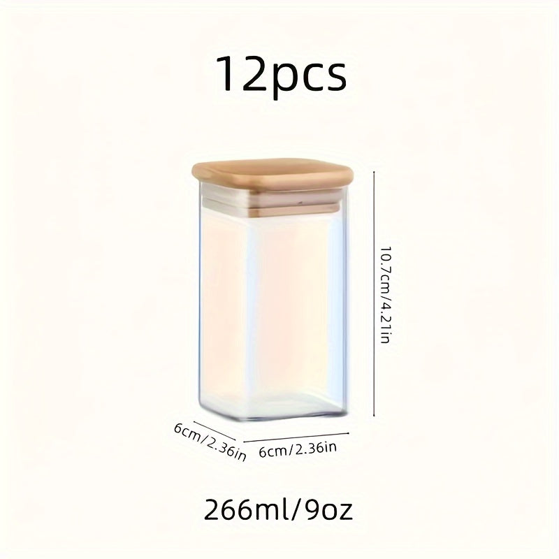 Набор из 12 квадратных стеклянных банок для специй с бамбуковыми крышками, герметичные, водонепроницаемые, термостойкие