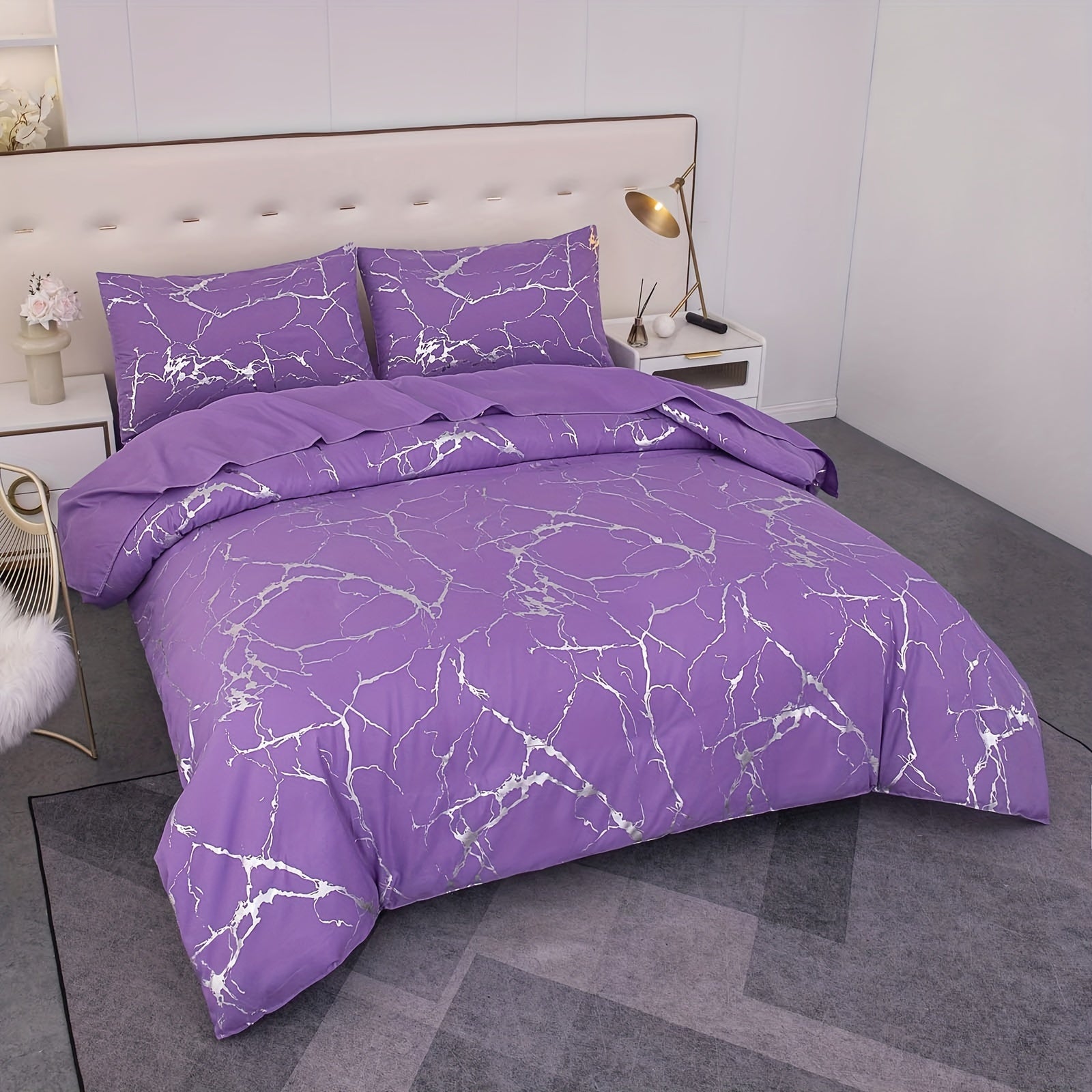 Elegant Marble Pattern Bedding Set in Pink Gray Green Blue Purple Washable Ultra-fine Fiber Duvet Cover 2-3 Piece