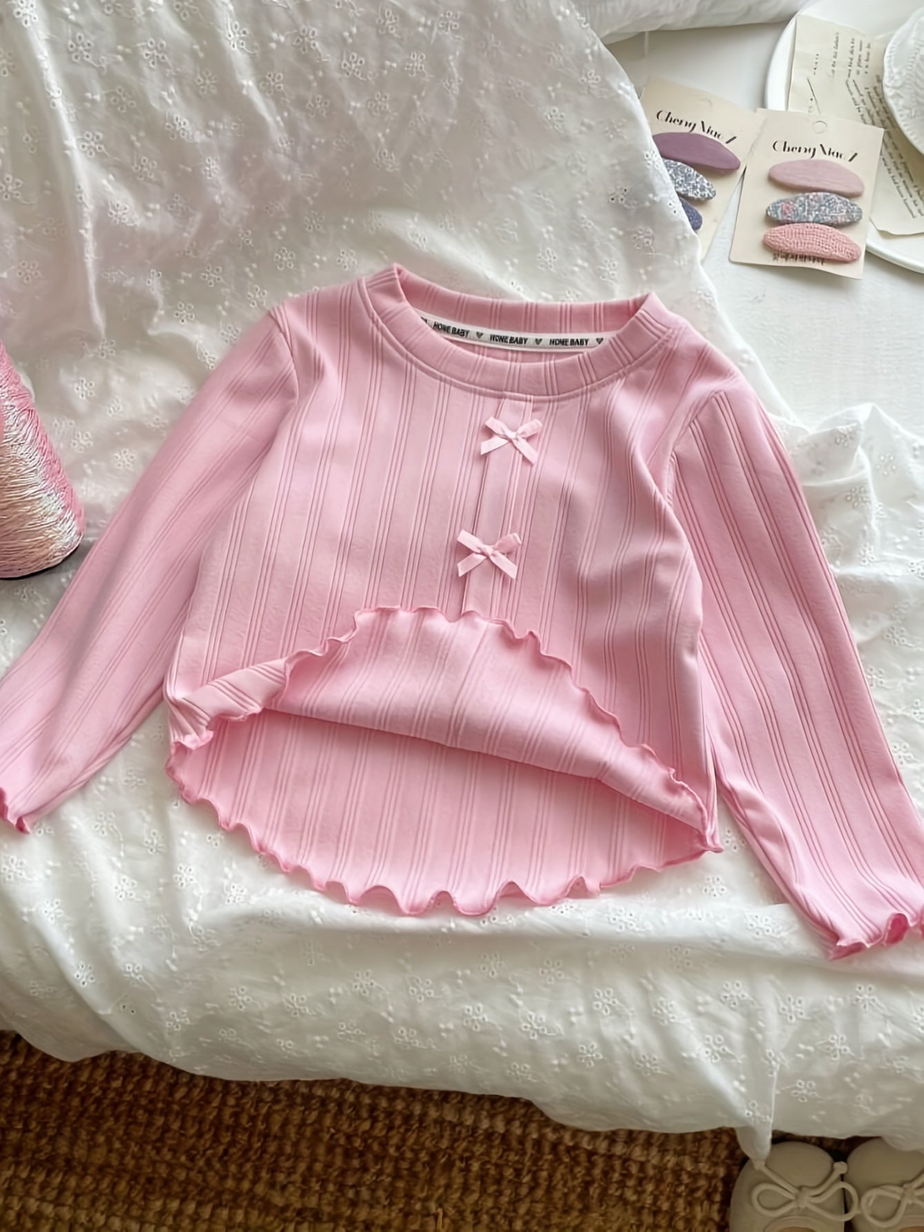 Girls Long Sleeve Knit T-Shirt with Bow Detail for Casual Wear and Outdoor Play