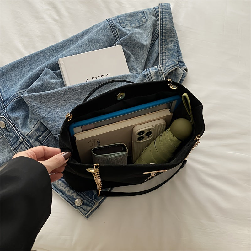 Bolso tote para mujer con colgante de ciervo, gran capacidad, cierre magnético de PU negro, correas de cadena