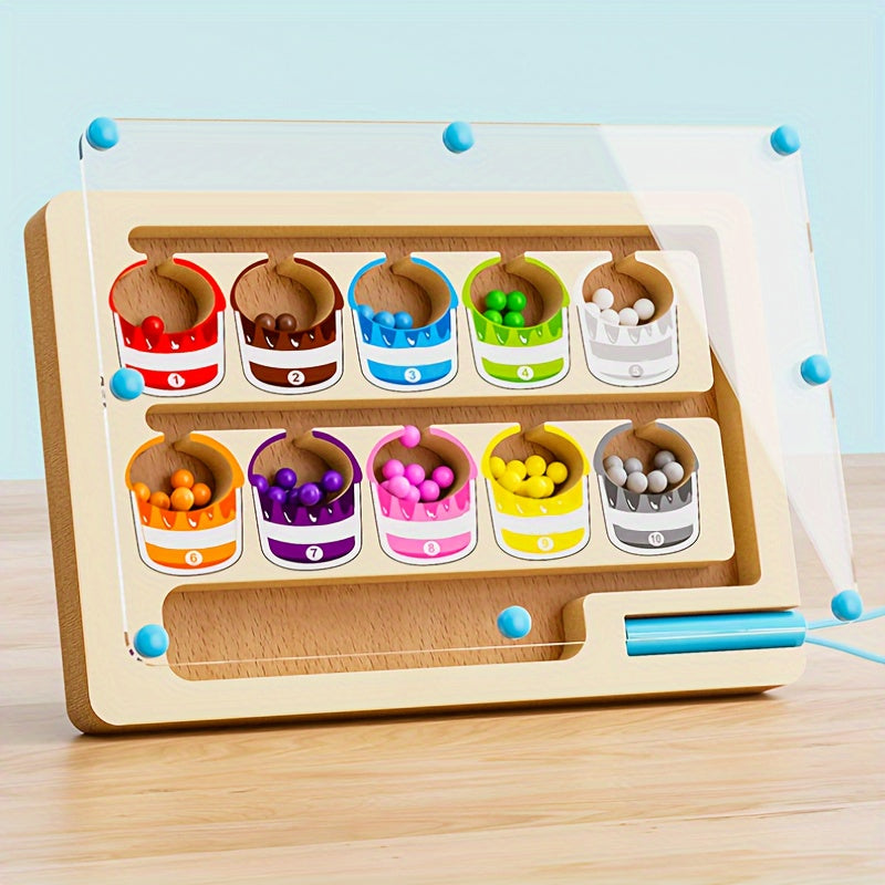 Wooden Magnetic Bead Maze Educational Toy for Kids Age 3 Plus Hand-Eye Coordination Math Skills