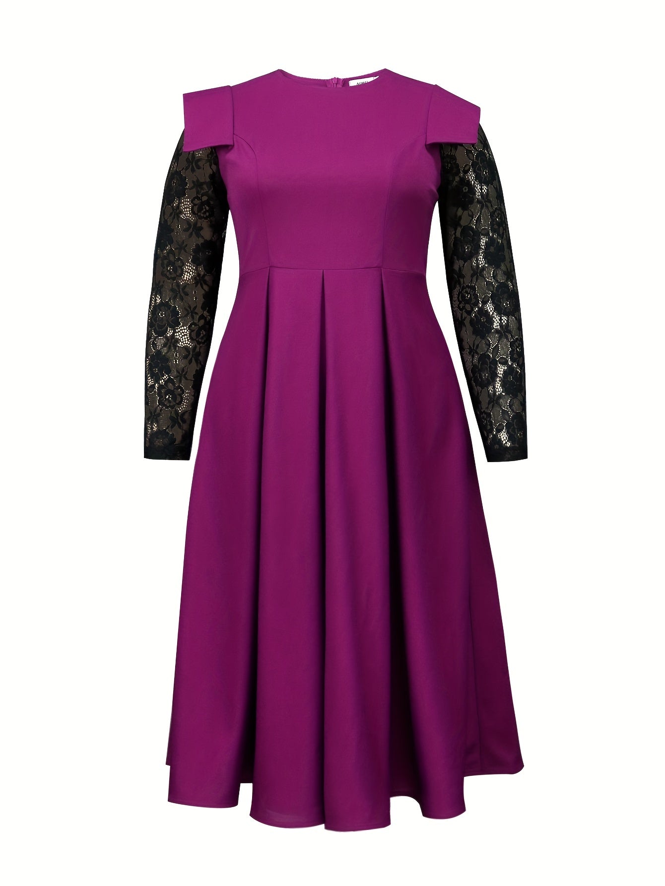 Women's Purple A-Line Party Dress with Lace Sleeves and Stretchy Fabric