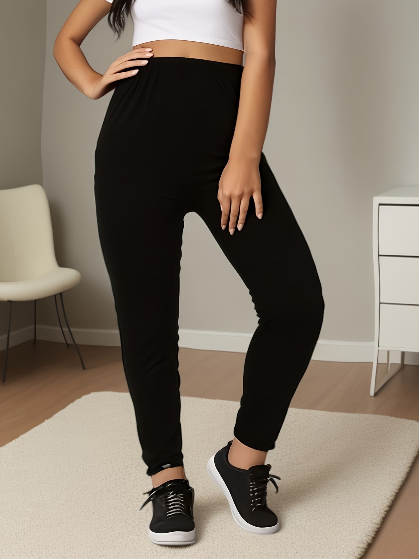 Plus Size Black High-Waist Leggings for Women Stretchy Comfortable Pants