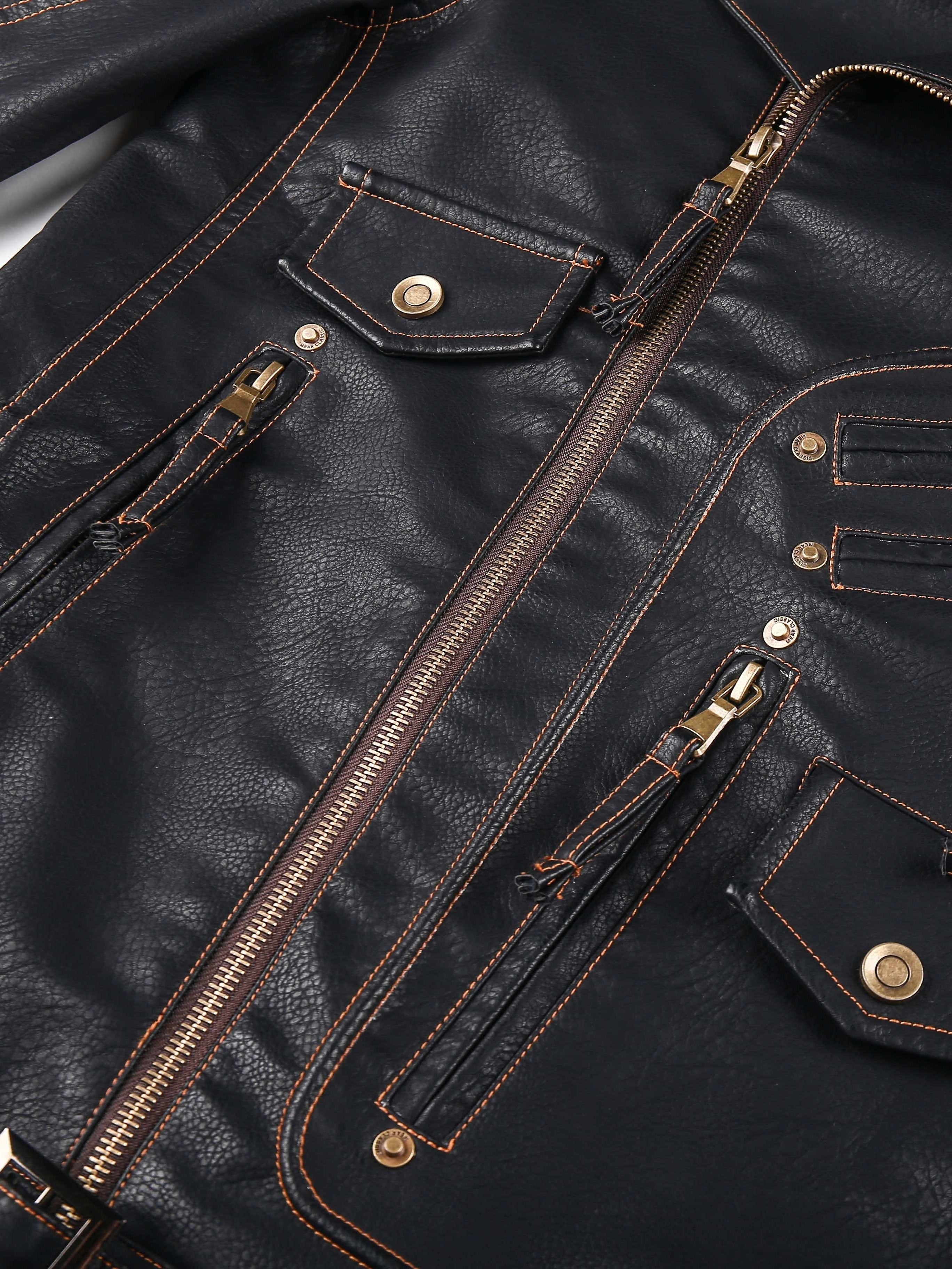 Men's Black Biker Jacket with Zipper Pockets Studded Details Polyester Lining Loose Fit Spring Fall