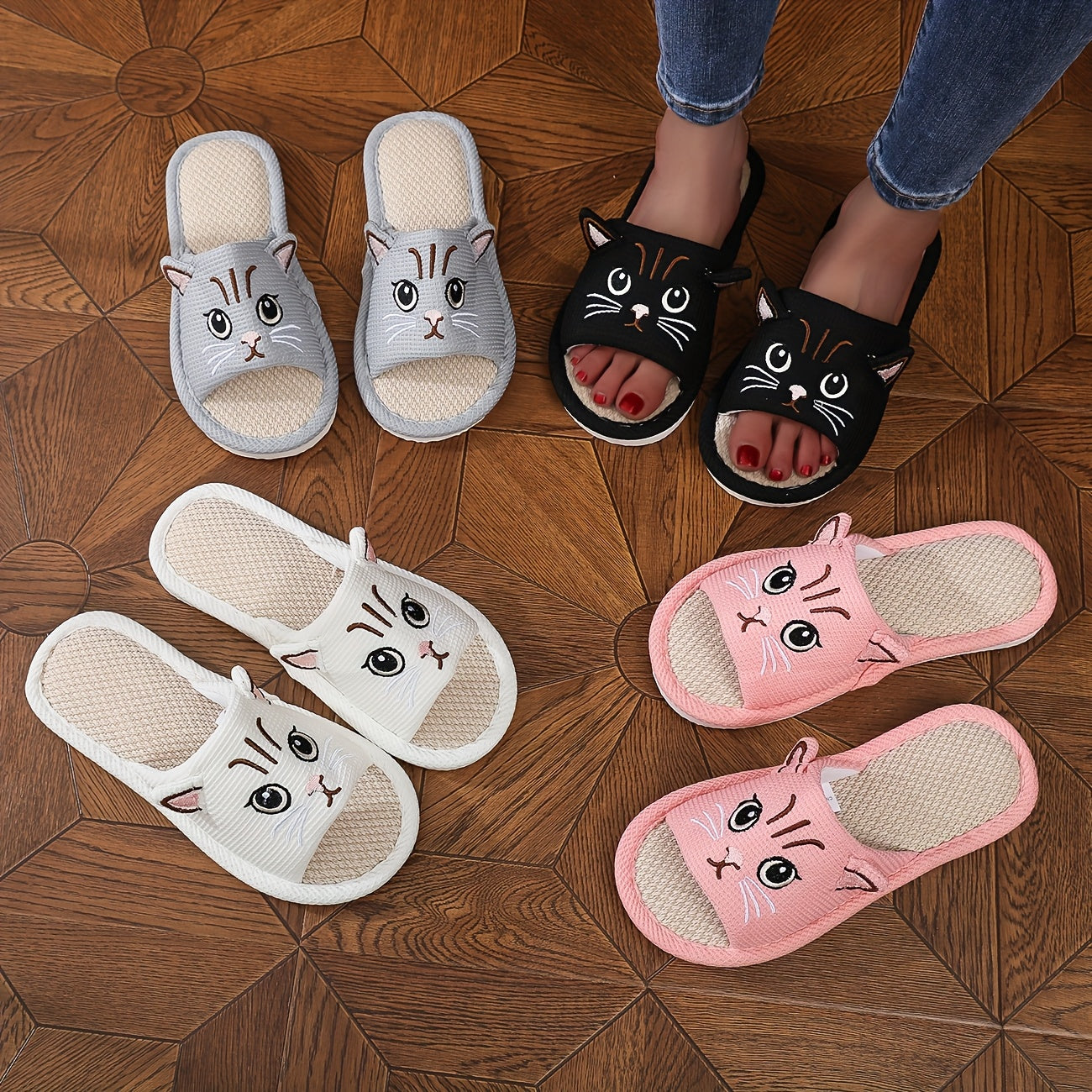 Kids or Adults Cartoon Cat Slippers Linen EVA Sole Non-Slip Open-Toe