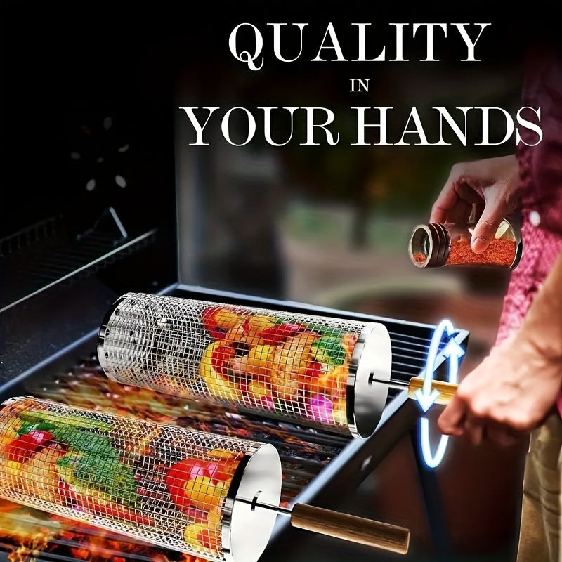 304 Stainless Steel Grill Baskets with Detachable Wooden Handles for Vegetables and Shrimp