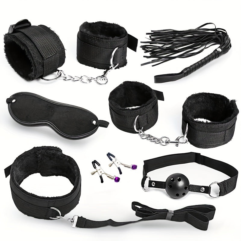 Kattalar uchun bog'lash to'plami, yotoqda cheklovlar to'plami, kamarlar, niqob va plagin bilan