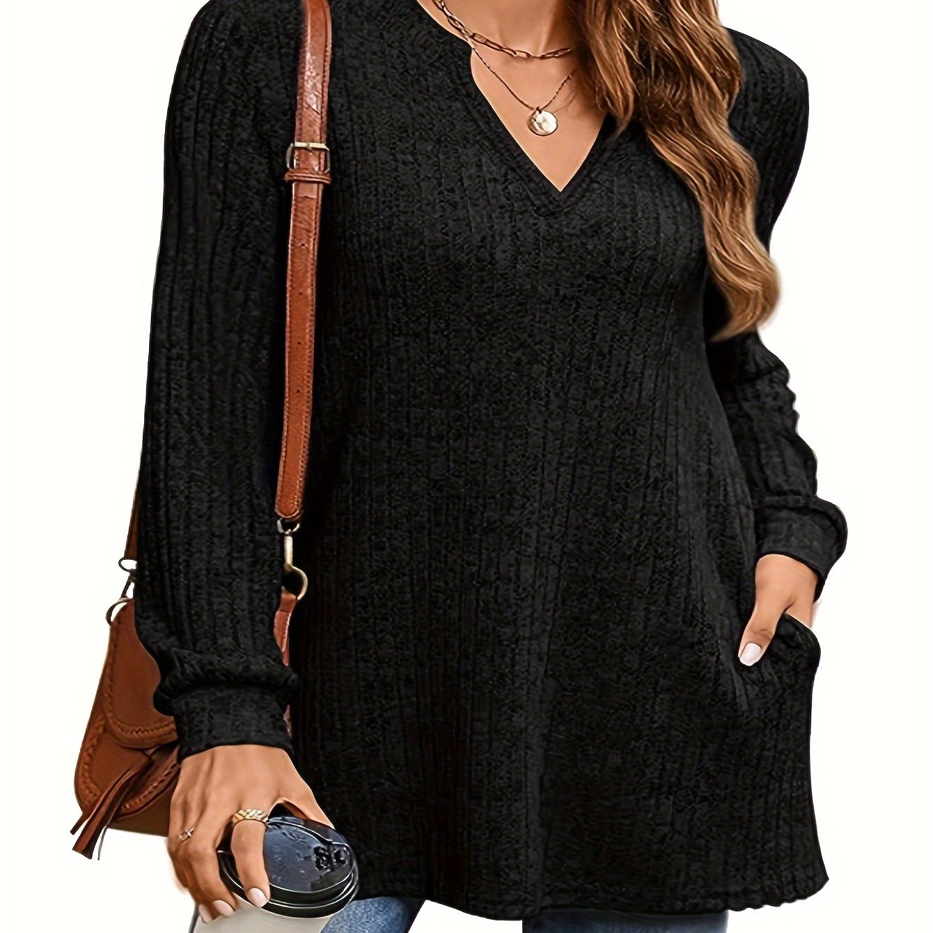 Women's Plus Size Knit Sweater Long Sleeve V-Neck Pockets Fall Winter