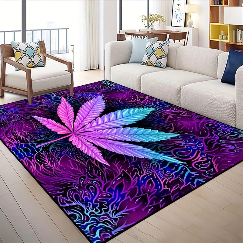 Soft Washable Polyester Area Rug with Psychedelic Leaf Print for Living Room and Bedroom