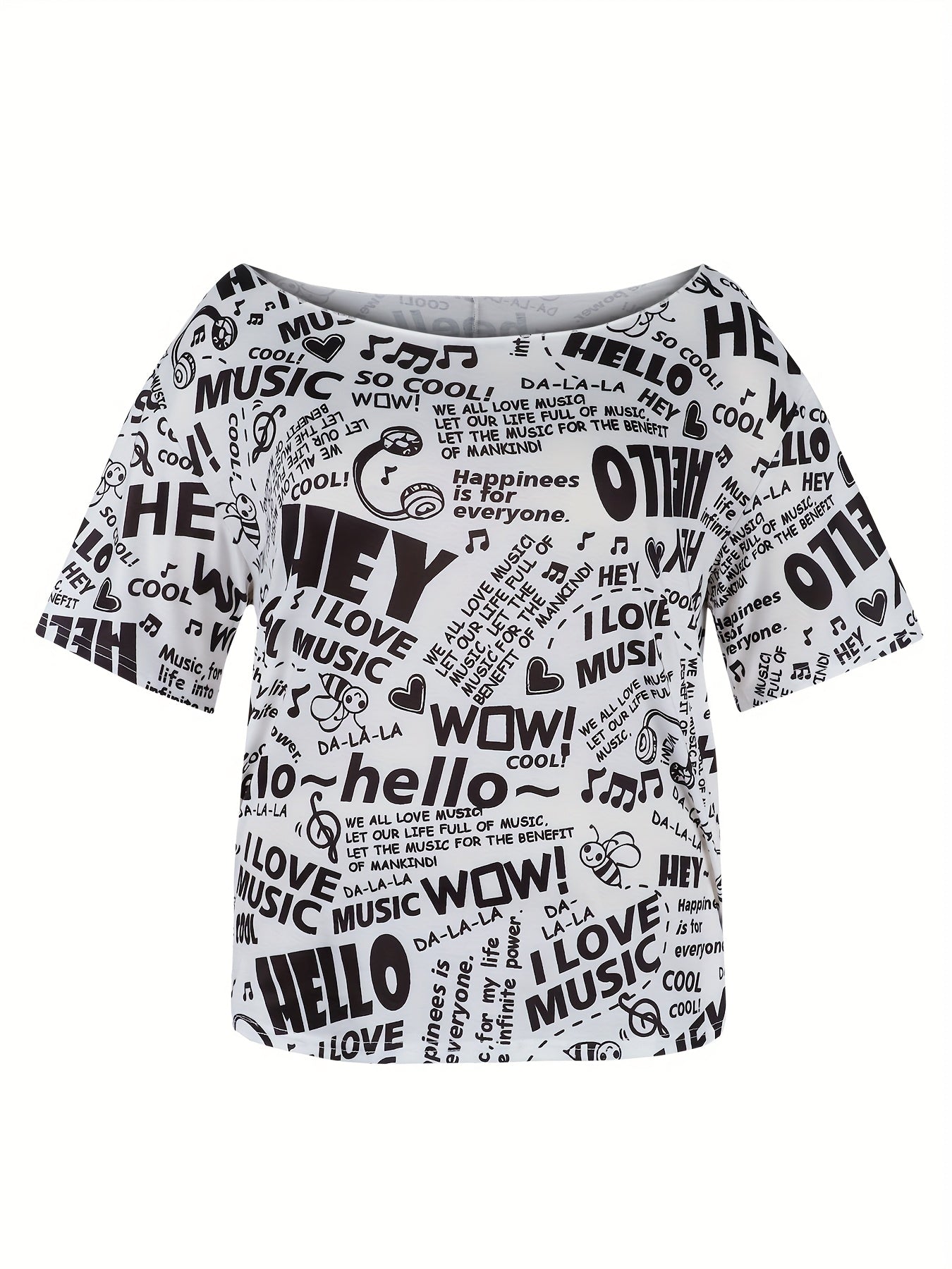 Women's Plus Size Off-Shoulder T-Shirt Casual Letter Print Black White