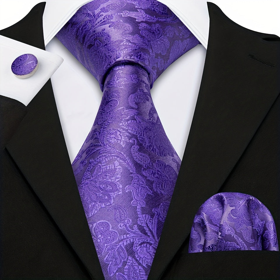 Men's Floral Woven Tie Set with Cufflinks and Handkerchief for Wedding or Formal Events