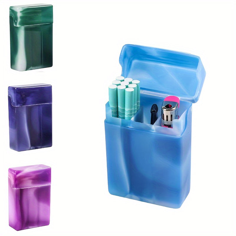 Men Durable Plastic Flip-Top Cigarette Case with Lighter Storage in Blue or Purple