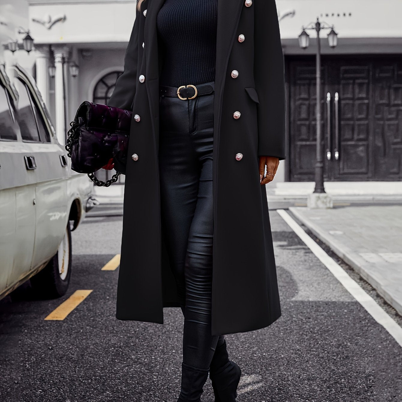 Women's Polyester Double-Breasted Coat with Lapel Long Sleeve Pockets Autumn Winter
