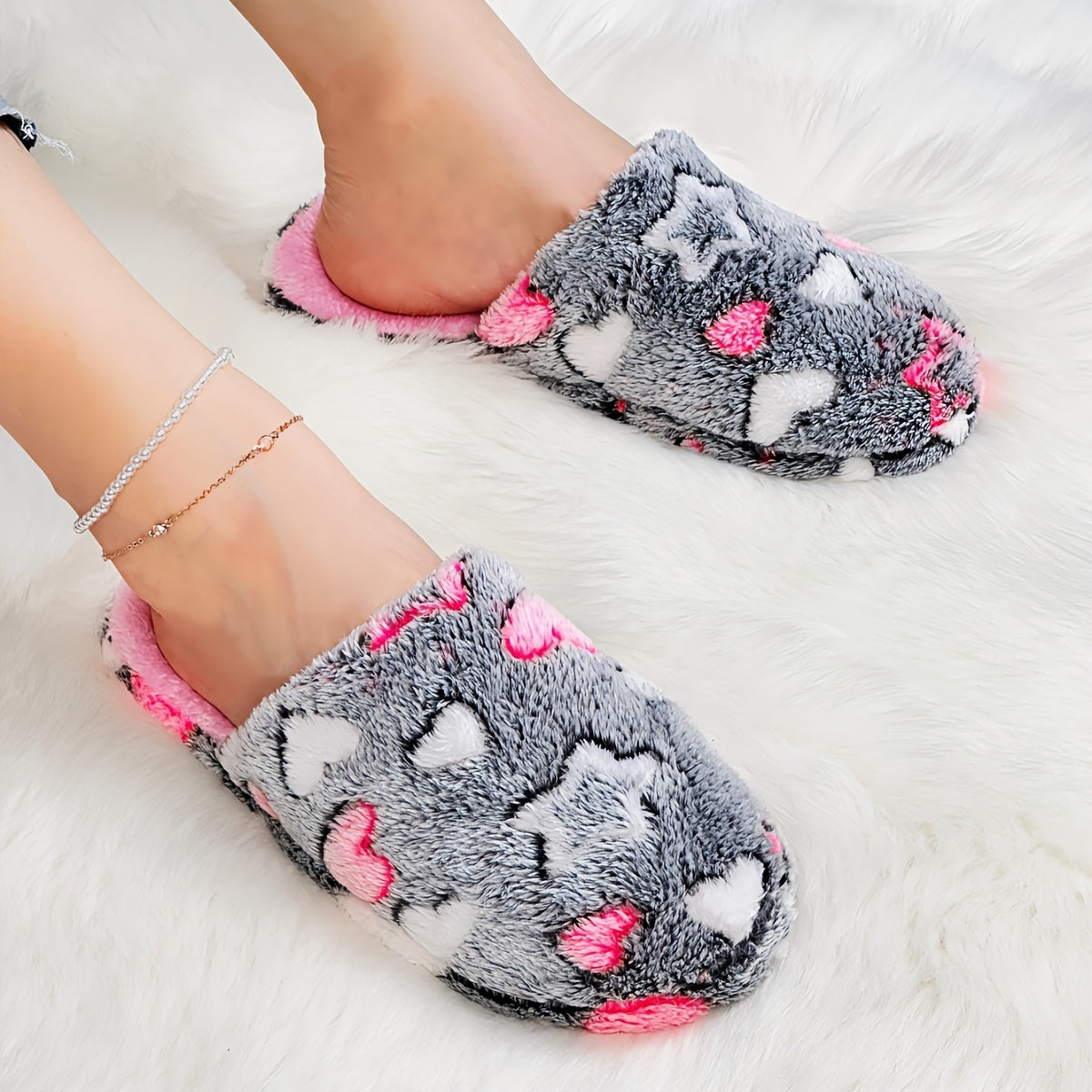 Women's Heart-Shaped Star Slippers Soft Plush Indoor House Shoes