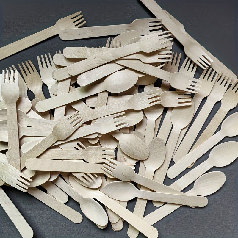 100 Biodegradable yog'och qoshiq va vilkalar, 14cm, bir martalik bayram uchun idishlar