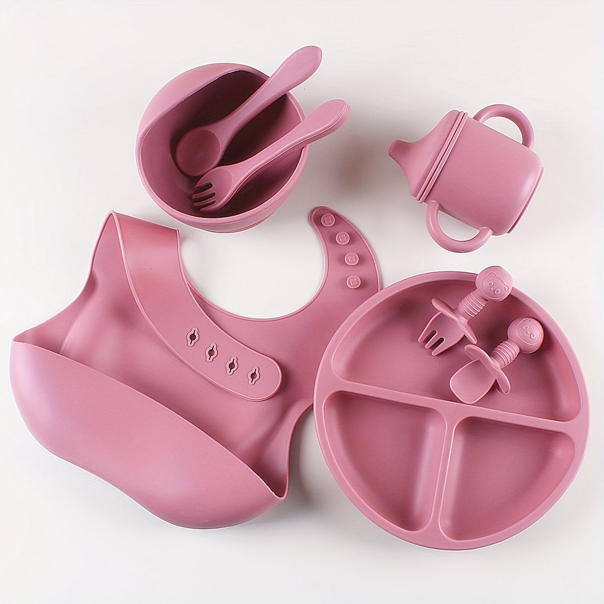 8pcs Silicone Baby Feeding Set Divided Plate Bowl Spoon Fork Bib Learning Cup for Toddlers